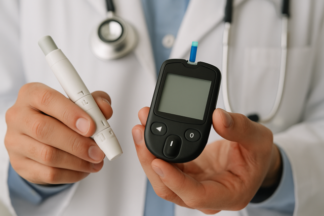 Healthcare professional monitoring blood sugar levels using technology.