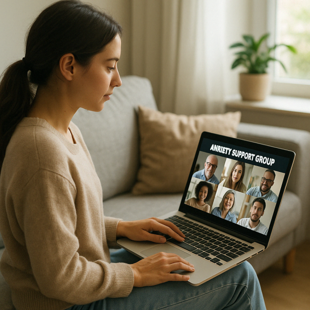 Person attending an online anxiety support group session from home