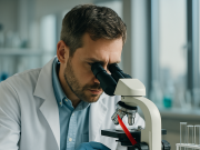 New Developments in HIV research Scientist analyzing HIV research data in a lab setting with modern diagnostic tools.