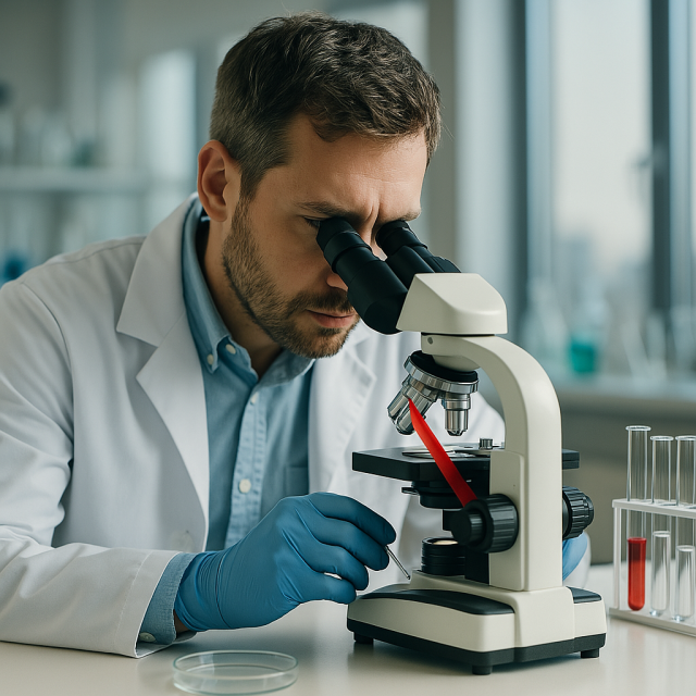 Scientist analyzing HIV research data in a lab setting with modern diagnostic tools.