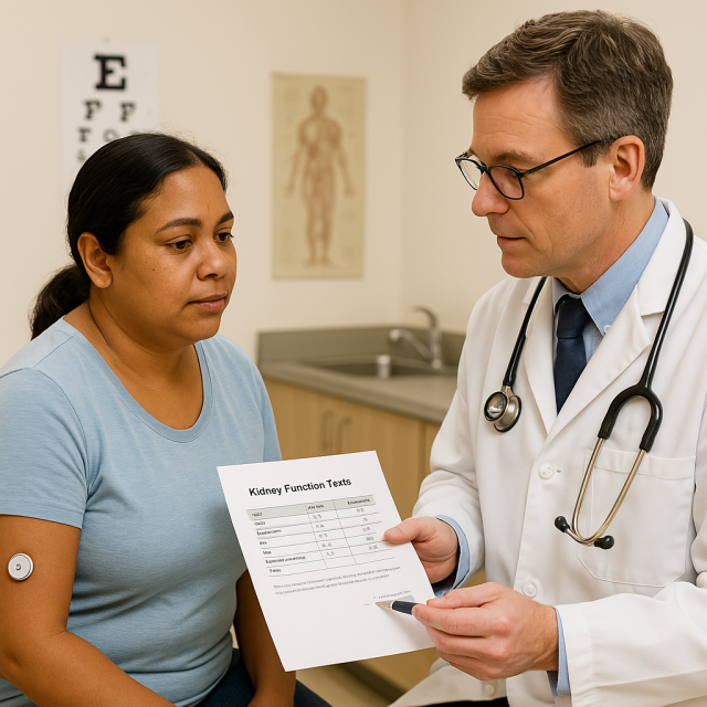 Diabetic patient receiving kidney function check-up from a clinician.
