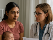 Graduating from Gestational Diabetes Woman with baby discussing gestational diabetes follow-up care.