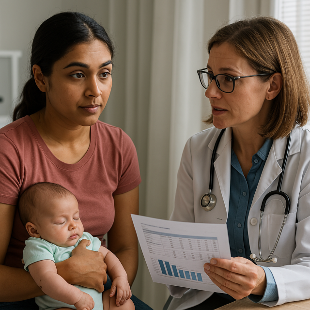 Woman with baby discussing gestational diabetes follow-up care.