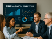 How to Thrive in Pharma Digital Marketing Pharma digital marketing team reviewing data analytics on screen.