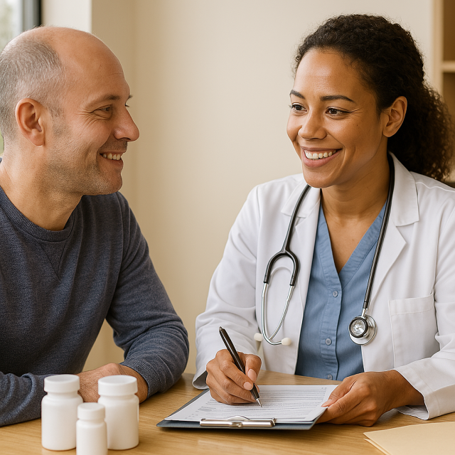 HIV patient and healthcare provider reviewing treatment options in a clinical setting.