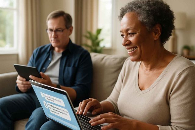 Patients supporting each other in online health forum Two people chatting in a digital health forum, exchanging experiences and advice.