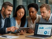 Customer Engagement Strategies for Pharma Marketing A group of professionals collaborating in a modern healthcare marketing office, analyzing engagement metrics on digital screens.