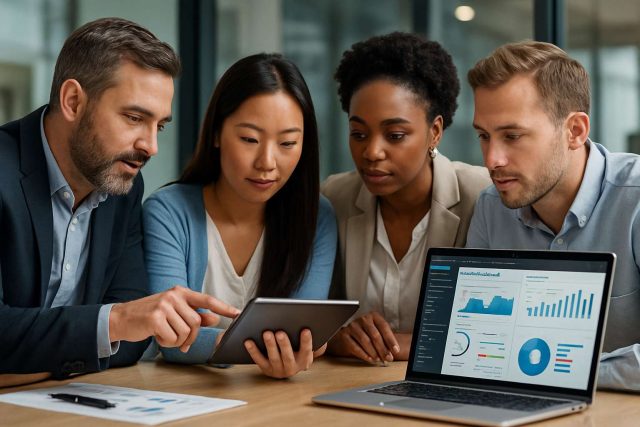 A group of professionals collaborating in a modern healthcare marketing office, analyzing engagement metrics on digital screens.