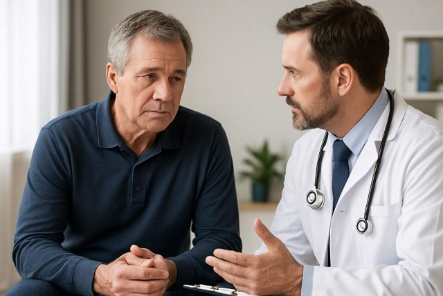 Prostate cancer patient talking to a doctor about treatment and survival rates