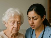 Educating Alzheimer’s Caregivers about Diabetes Caregiver monitoring diabetes in an elderly Alzheimer’s patient using glucose meter at home.