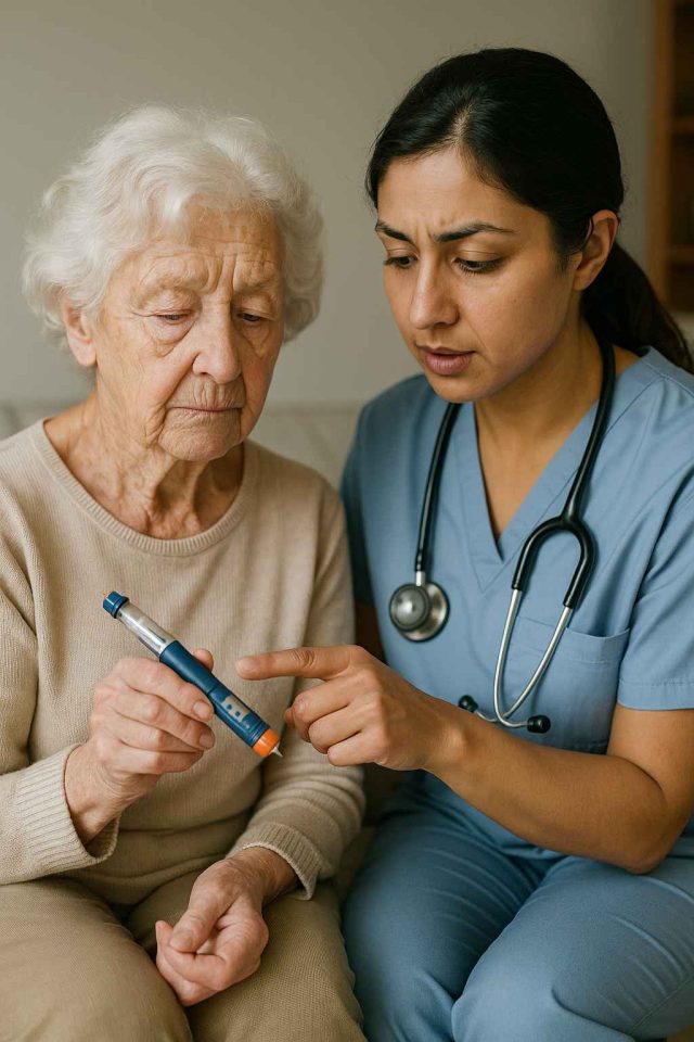 Caregiver monitoring diabetes in an elderly Alzheimer’s patient using glucose meter at home.