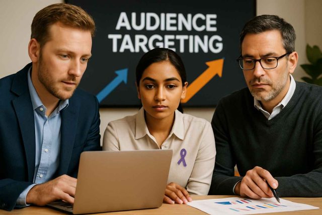 Pharma marketing professionals reviewing digital audience targeting analytics