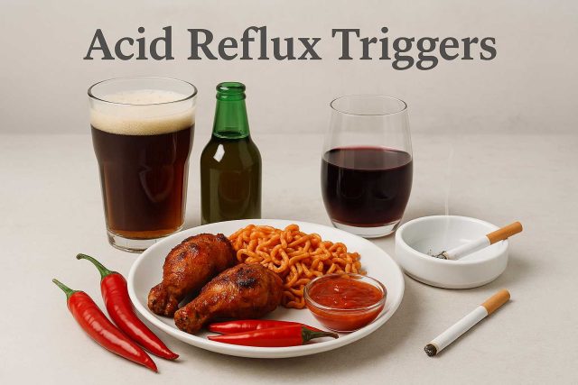 Graphic showing food and lifestyle habits that trigger acid reflux
