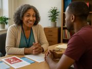 Aids Support: Where to Start AIDS patient and social worker discussing support resources in a community health setting.