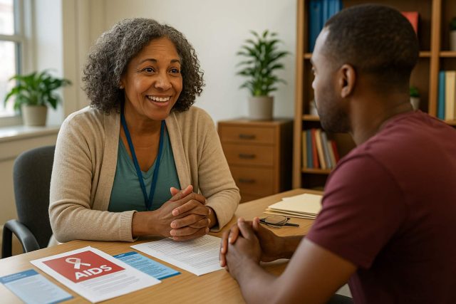 AIDS patient and social worker discussing support resources in a community health setting.