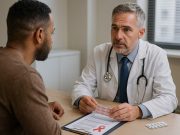 What are Aids Treatment Options Patient and doctor discussing AIDS treatment options in a modern medical office.