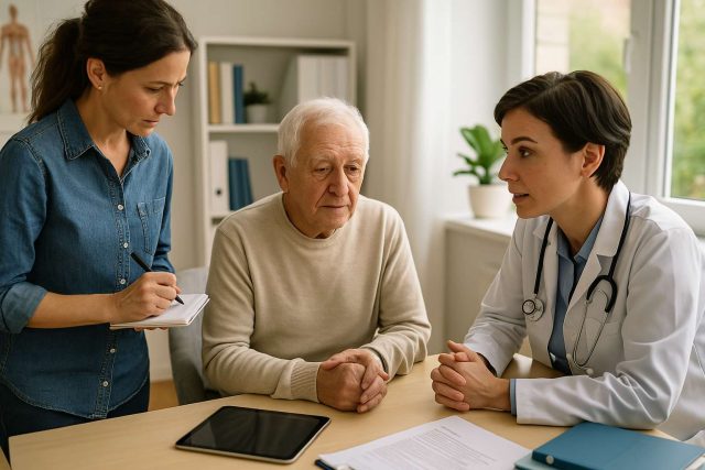 Doctor, patient, and caregiver discussing Alzheimer’s and diabetes care strategy in a clinical setting.