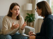 Anxiety Treatment Options for Patients Woman discussing anxiety treatment options with a therapist in a peaceful clinic.