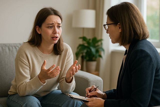 Woman discussing anxiety treatment options with a therapist in a peaceful clinic.
