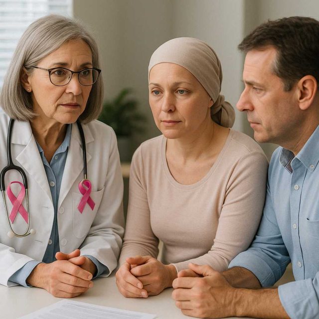 Doctor, patient, and caregiver discussing breast cancer awareness and care planning
