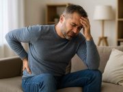 Chronic Pain Solutions for Adults Adult using stretching and medication for chronic pain relief.