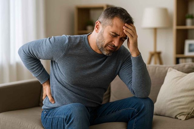 Adult using stretching and medication for chronic pain relief.
