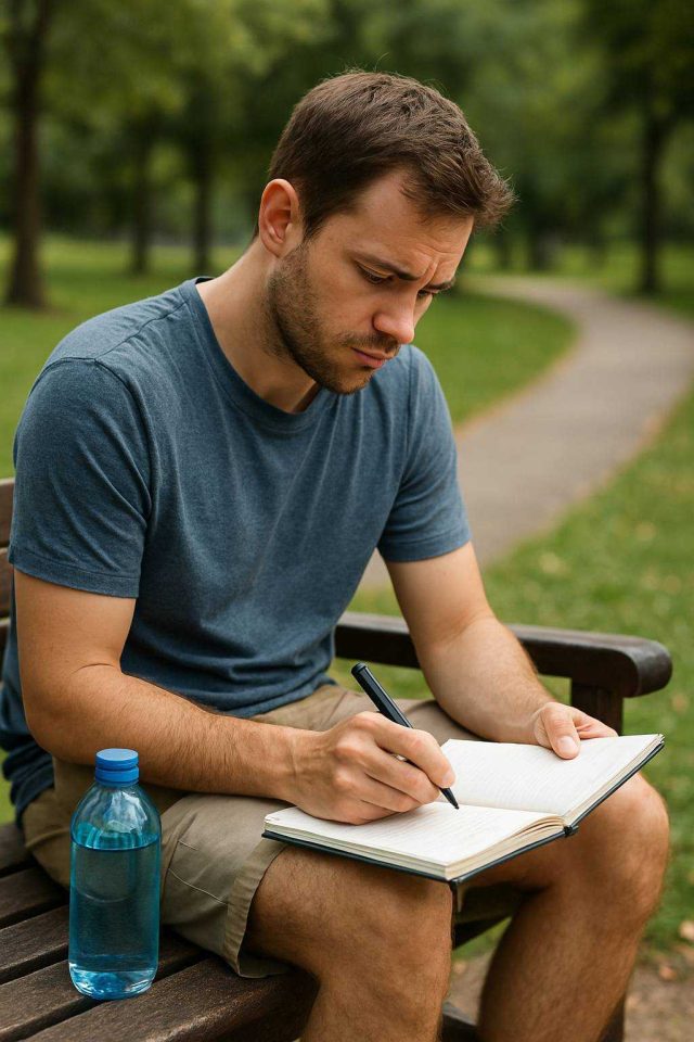 Person with Crohn’s disease taking a break and journaling outdoors.