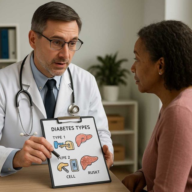 Doctor explaining differences in diabetes types to a patient with illustrations