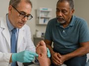 Diabetic Wound Care and the Danger of Non-Healing Wounds Healthcare provider and patient reviewing diabetic wound care for a non-healing foot ulcer.