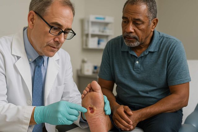 Healthcare provider and patient reviewing diabetic wound care for a non-healing foot ulcer.