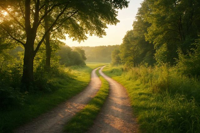 Woman walking in nature during sunrise as part of healing and wellness routine