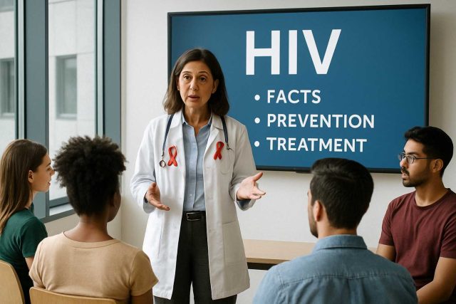Group learning about HIV prevention and treatment during a 2025 seminar