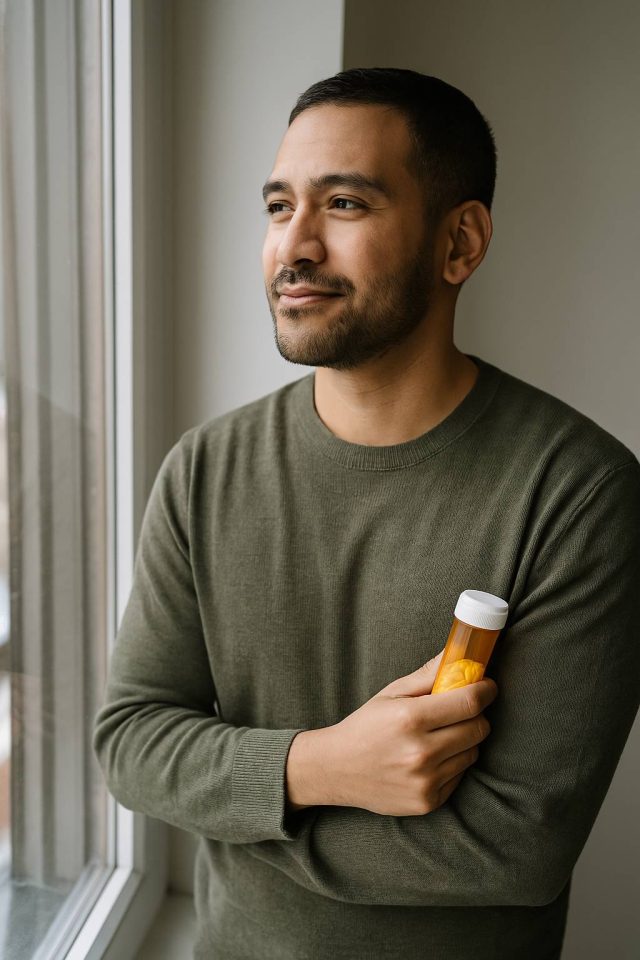 Person with HIV reflecting on life while holding medication.