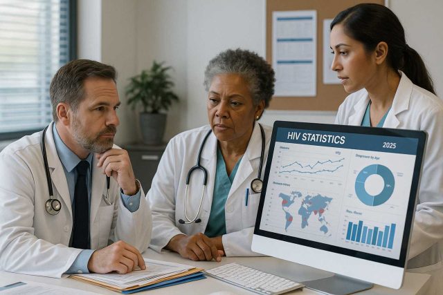 Doctors discussing HIV statistics and trends in a medical office
