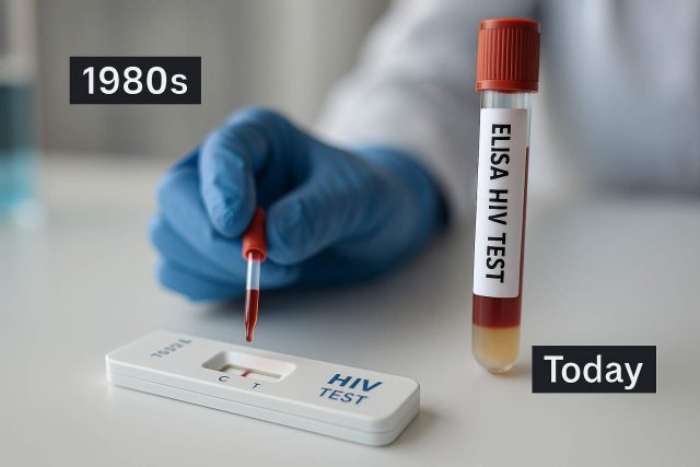 Modern and historical HIV testing tools showing progress in diagnostics.