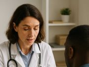 Understanding HIV and Aids Difference Doctor showing patient a chart outlining HIV and AIDS differences