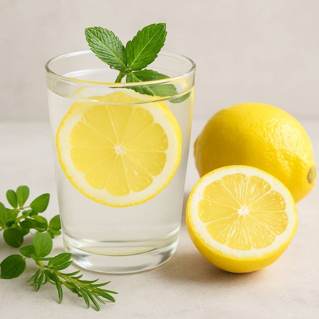 Lemon water in a glass surrounded by lemon slices and herbs, representing natural health benefits.