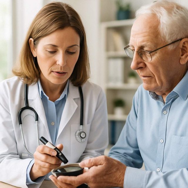 Physician and patient review GLP-1 diabetes treatment plans in a clinic.