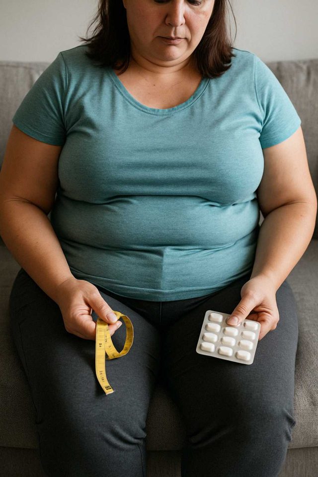 Physician consulting a patient about obesity treatment in a clinic setting.