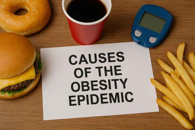 Exploring the Causes of the Obesity Epidemic Person eating fast food and using a smartphone, symbolizing obesity risk factors. }