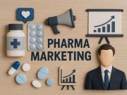 Marketing in Pharma: Strategies that work in 2025 Realistic photo illustrating pharmaceutical marketing with medicine bottle, blister pack, megaphone, and business strategy icons on a wooden background
