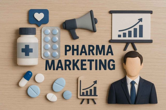 Pharmaceutical Marketing Concept – Realistic Visual Elements Realistic photo illustrating pharmaceutical marketing with medicine bottle, blister pack, megaphone, and business strategy icons on a wooden background