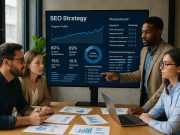 SEO Marketing Strategies that work in Pharma Pharma marketers reviewing an SEO strategy and analytics dashboard together in a collaborative workspace.