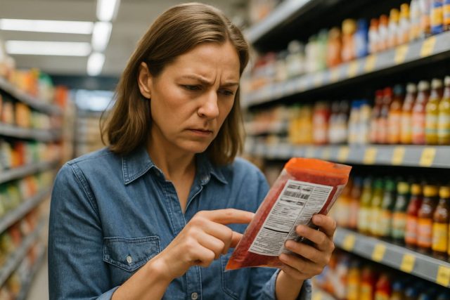 Shopper reviewing packaged food label to check for food dyes