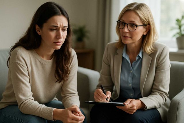 Patient in therapy discussing anxiety treatment options