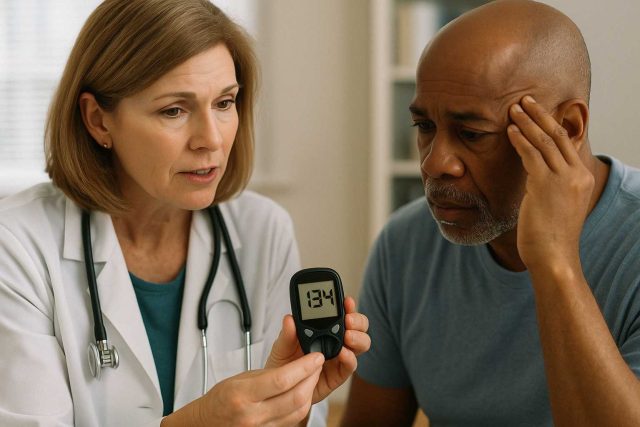Physician reviewing blood sugar levels and diabetes chart with a patient