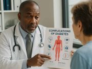 Complications of Diabetes: Information for Patients Doctor showing diabetes complication information to a patient during office visit