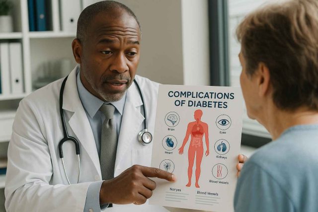 Doctor showing diabetes complication information to a patient during office visit