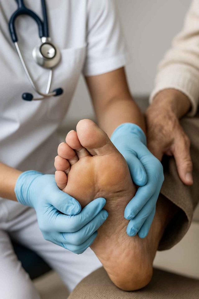 Doctor inspecting toes for diabetic wound care during patient visit