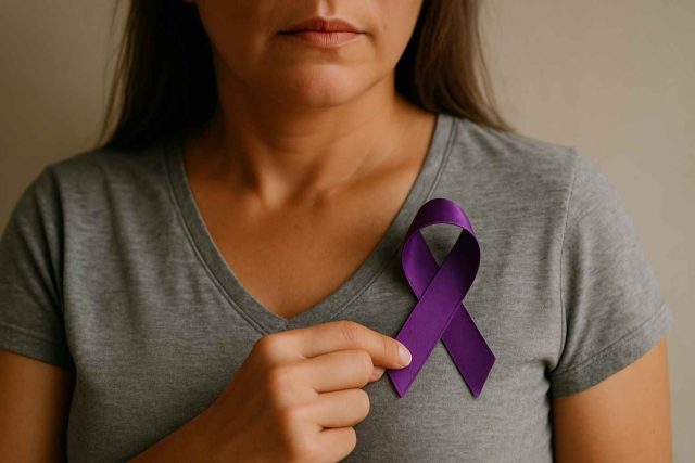 Group celebrating Fibromyalgia Awareness Day with purple banners and support signs